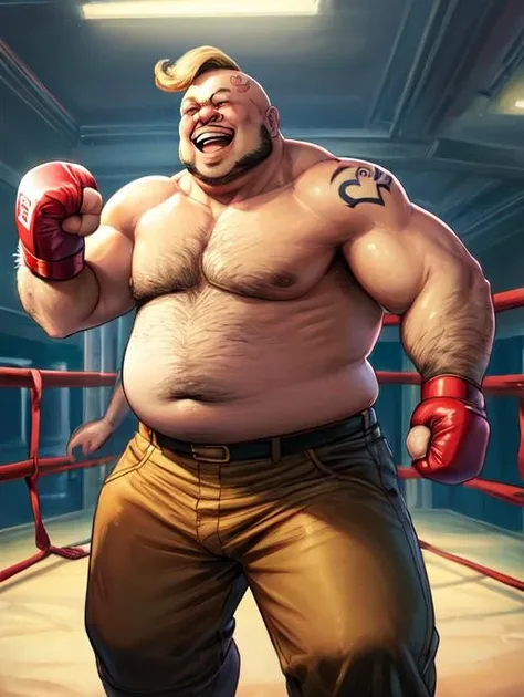 digital artwork, illustrative, painterly, matte painting, highly detailed, <lora:Detail - add_detail:0.2>, <lora:FFCorneo-10:0.75>, FFCorneo, fat man, 1boy, blonde hair, head tattoo, grin, love hotel, fighting, punching, brown pants,  male, brass knuckles,