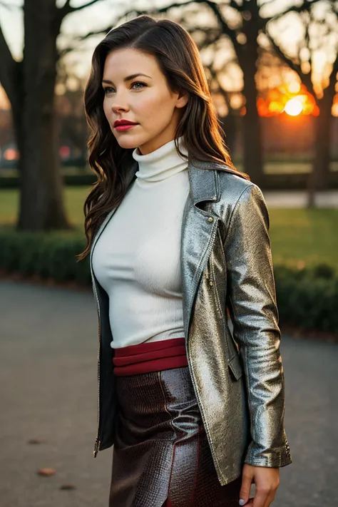 beautiful woman (evlilly woman:1.09), perfect waist, closeup portrait, realistic, (detailed:1.15),(film grain, skin details, 4k:1), indifferent, Dappled Light, analog style (look at the viewer), (skin texture), (film grain), (hyper-realistic texture skin:1.3), cinematic light, sidelighting, ultra high res, best shadow, RAW, beautiful hair, designer jacket, fashionable skirt, turtleneck shirt, winter city park, professional model photoshoot, hdr, sunset, (red lips)