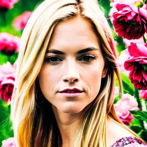 ((1girl)), portrait  of Emily Wickersham,flower field background, blond hair, showing indifference,(masterpiece, extremely detailed skin, photorealistic) ,  <lora:Wickersham_Emily:0.8>