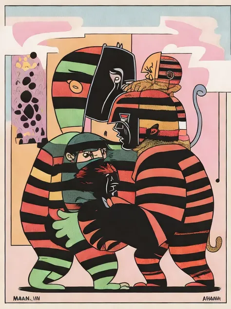 <lora:21MahendraNazar:1>a drawing of a cat and a man in striped clothes,