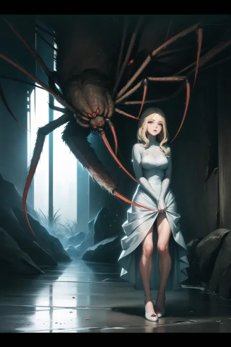 <lora:spider_v0.2:1>
1girl, white spider, blonde hair, dress, horror \(theme\), dark,, masterpiece, best quality, highly detailed