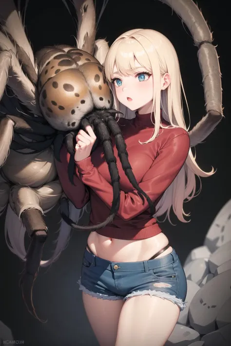 <lora:spider_v0.2:1>
1girl, spider, blonde hair, denim shorts, tarantula,, masterpiece, best quality, highly detailed