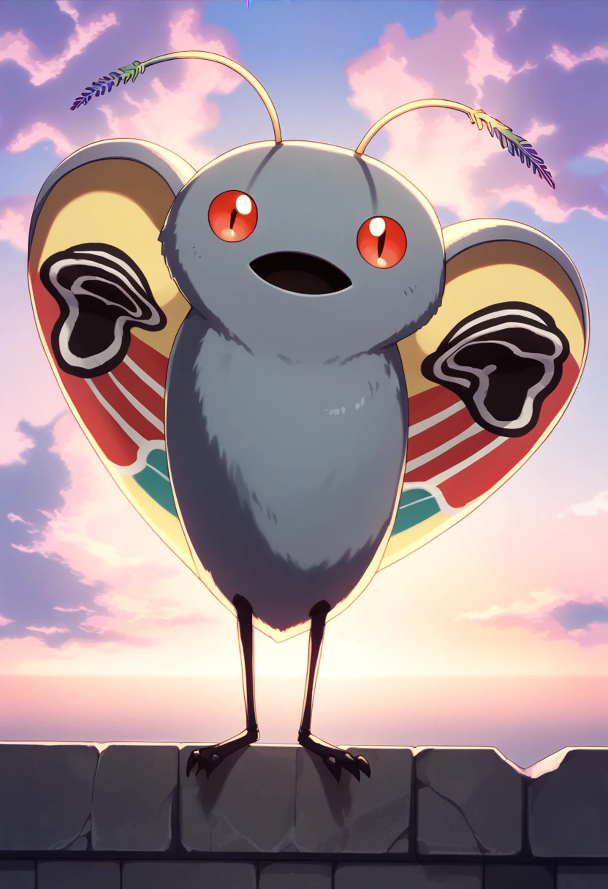 score_9, score_8_up, score_7_up, source_anime, BREAK solo, pokemon \(creature\), <lora:FE3H-S-Rank-pdxl_Fp:1>, sky, cloud, sunset, looking at viewer, <lora:Mothman-pdxl_Fp:1>, mothman, red eyes, open mouth, antennae,