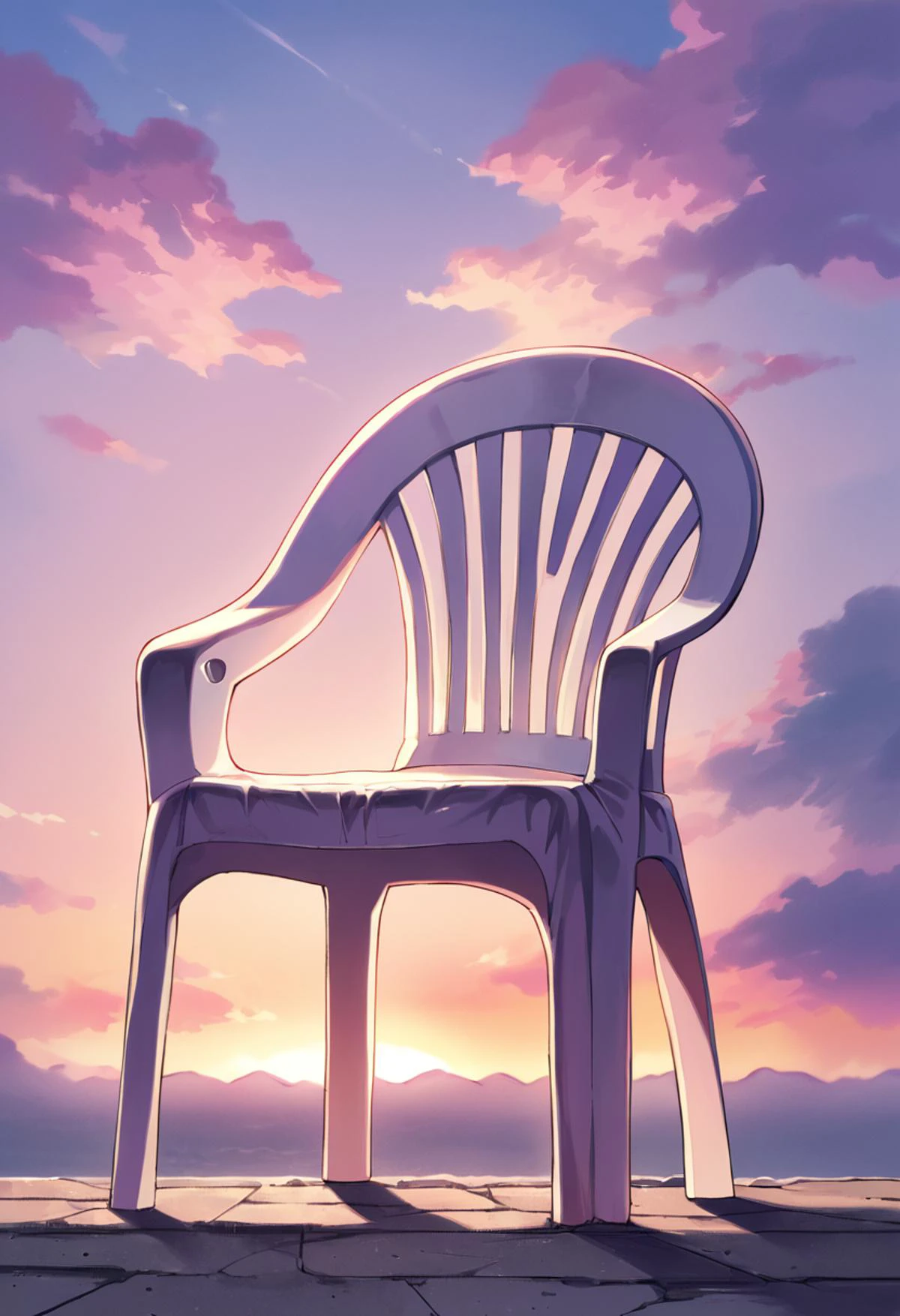 score_9, score_8_up, score_7_up, source_anime, BREAK no humans, <lora:FE3H-S-Rank-pdxl_Fp:0.8>, sky, cloud, sunset, <lora:PlasticChair_XLPD:1>, plastic chair