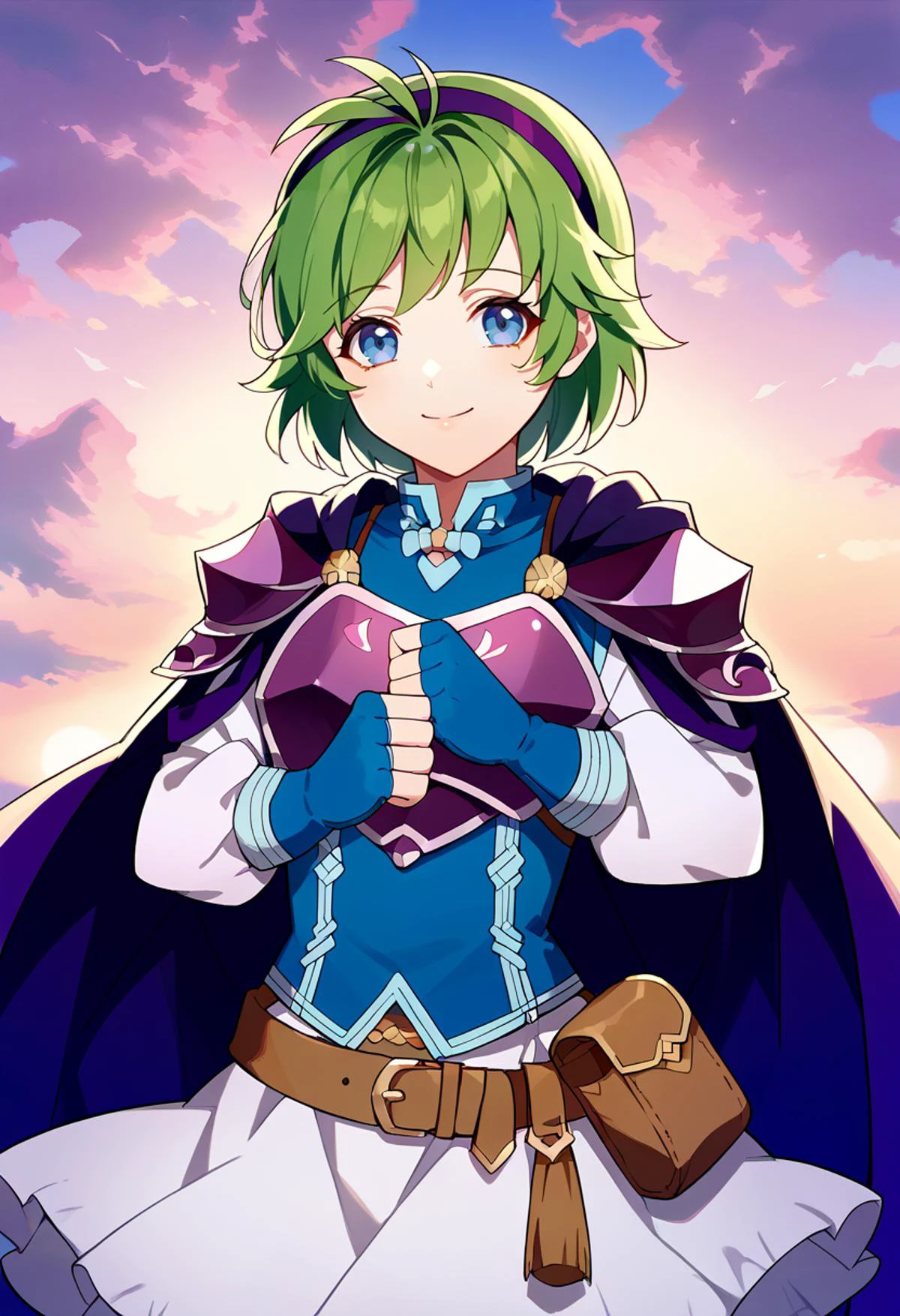 score_9, score_8_up, score_7_up, source_anime BREAK solo, 1girl, <lora:nino-fe-richy-v1_pdxl:1>, ninopf, blue eyes, green hair, short hair, antenna hair, purple hairband, blue shirt, white sleeves, long sleeves, purple breastplate, purple shoulder armor, purple cape, white skirt, brown belt, belt pouch, blue gloves, fingerless gloves, <lora:FE3H-S-Rank-pdxl_Fp:1>, sky, cloud, sunset, looking at viewer, smile