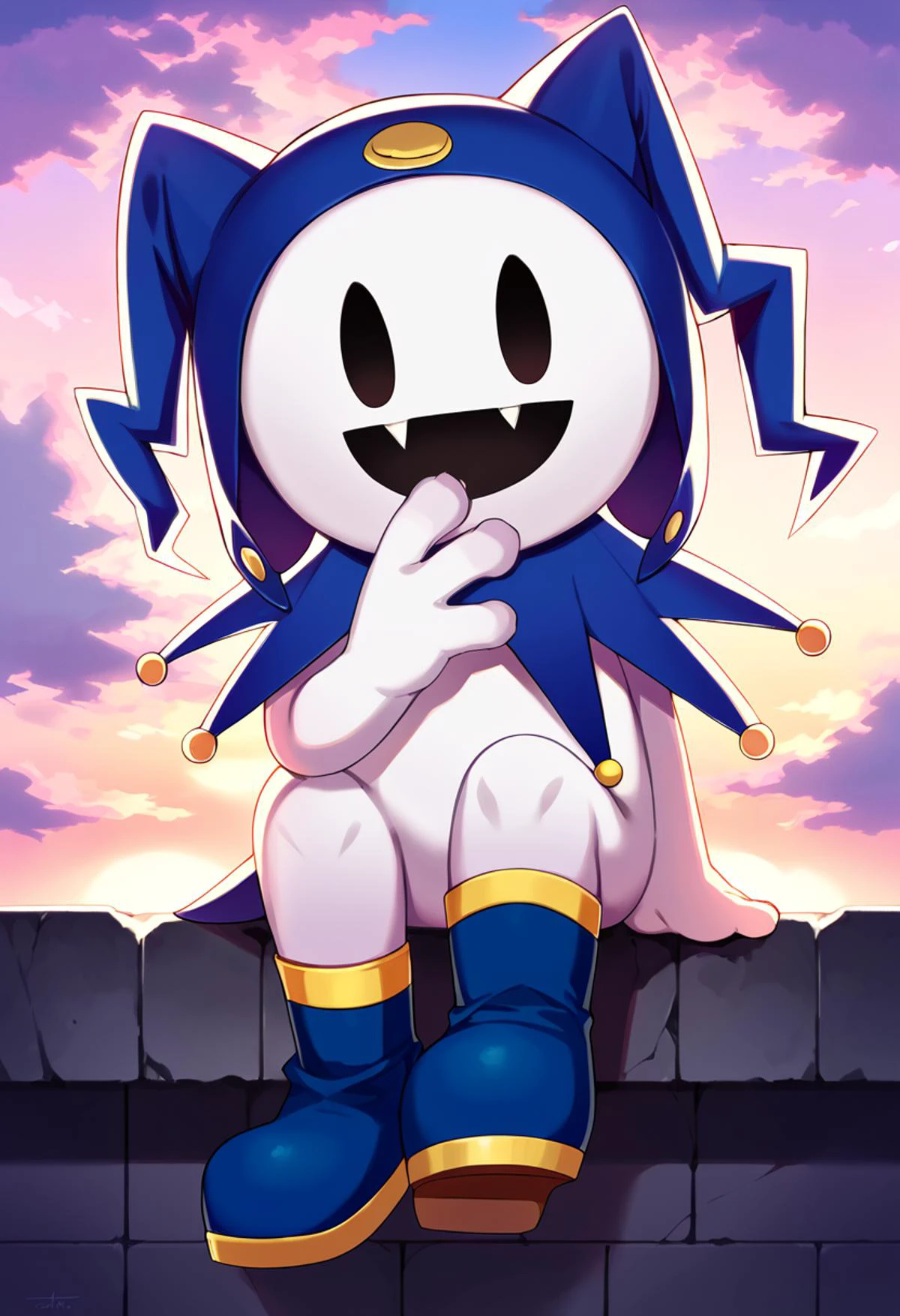 score_9, score_8_up, score_7_up, source_anime, BREAK solo, no humans, <lora:FE3H-S-Rank-pdxl_Fp:1>, sky, cloud, sunset, looking at viewer, <lora:Jack-Frost-pdxl_Fp:1>, jackfrostsmt, creature, white skin, solid oval eyes, :d, fangs, jester cap, blue footwear, sitting,