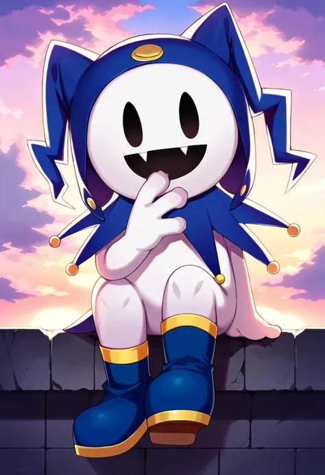 score_9, score_8_up, score_7_up, source_anime, BREAK solo, no humans, <lora:FE3H-S-Rank-pdxl_Fp:1>, sky, cloud, sunset, looking at viewer, <lora:Jack-Frost-pdxl_Fp:1>, jackfrostsmt, creature, white skin, solid oval eyes, :d, fangs, jester cap, blue footwear, sitting,