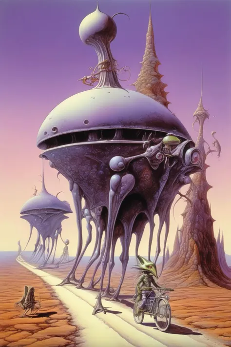 <lora:Rodney Matthews Style:1>Rodney Matthews Style - alien creature by Moebius, illustration