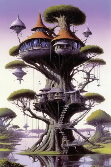 <lora:Rodney Matthews Style:1>Rodney Matthews Style - A alien tree house