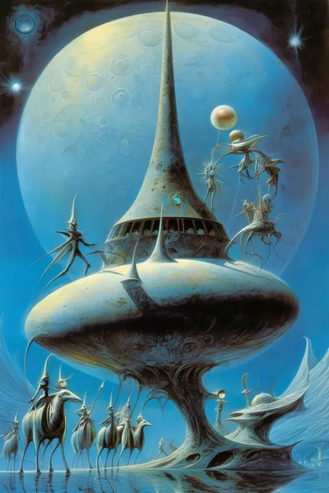 <lora:Rodney Matthews Style:1>Rodney Matthews Style - magical mystery tour on the moon by philippe druillet, michael cheval, wayne barlowe and anne bachelier