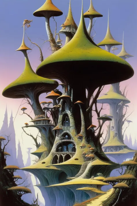 <lora:Rodney Matthews Style:1>Rodney Matthews Style - Roger Dean masterpiece of an elvish villiage made of shelf fungi