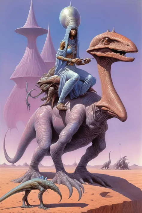 NSFW full frontal nude, sexy, voluptuous woman walking toward us in an endless desert. huge breasts. prominent vulva. big hips. erotic. distant pyramids. giant lizards. bright, saturated colors. Dark black shadows. Corben style.