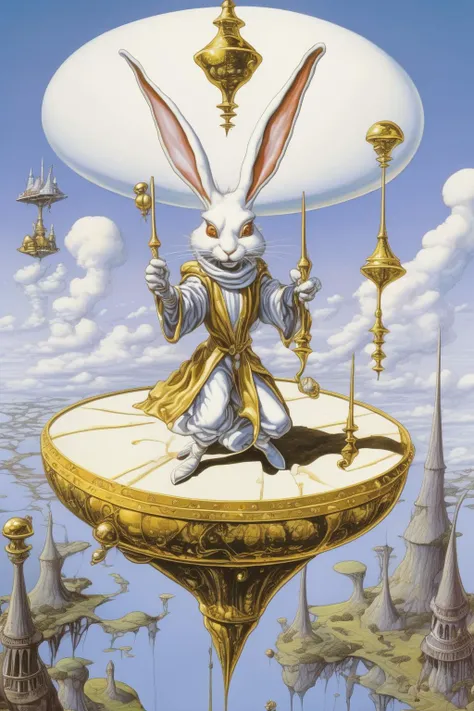 <lora:Rodney Matthews Style:1>Rodney Matthews Style - aerial view of a floating two-legged white rabbit wearing a gold robe being abducted