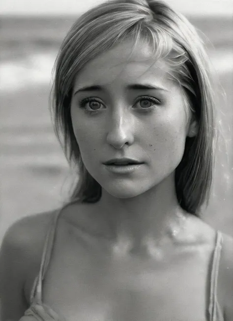 England, 1990. A young ((((-yeld)) gery Fitzgerald)), beautiful, intelligent, expressive eyes, graceful demeanour, outdoors, ((sad expression)), David Hamilton style, overdeveloped, 90s, granulated picture, masterpiece, best quality, photo-realistic,, bare shoulders, full body, beach