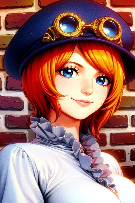 masterpiece, ((ultra detailed background, delicate pattern, intricate detail)), (highly detailed, fine details), best quality, beautiful lighting, Koala, 1girl, solo, short hair, blue eyes, hat, goggles on headwear, smile, gloves, white shirt, orange hair, skirt, black thighhighs, zettai ryouiki, frills, belt, boots, ((slim girl, medium breasts, close-up, portrait)), complex detailed background, inside, room environment, gray castle walls, brick walls, old building interior, spaceful room, <lora:KoalaEight:0.7>