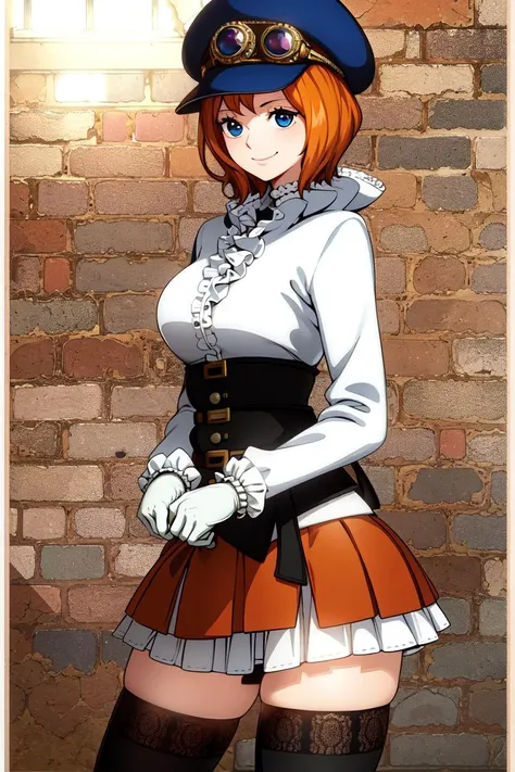 masterpiece, ((ultra detailed background, delicate pattern, intricate detail)), (highly detailed, fine details), best quality, beautiful lighting, (portrait), Koala, 1girl, solo, short hair, blue eyes, hat, goggles on headwear, smile, gloves, white shirt, orange hair, skirt, black thighhighs, zettai ryouiki, frills, belt, boots, ((slim girl, medium breasts)), complex detailed background, inside, room environment, gray castle walls, brick walls, old building interior, spaceful room, <lora:KoalaEight:0.7>