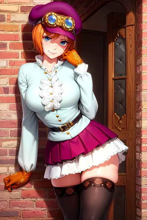 masterpiece, ((ultra detailed background, delicate pattern, intricate detail)), (highly detailed, fine details), best quality, beautiful lighting, (portrait), Koala, 1girl, solo, short hair, blue eyes, hat, goggles on headwear, smile, gloves, white shirt, orange hair, skirt, black thighhighs, zettai ryouiki, frills, belt, boots, ((slim girl, medium breasts)), complex detailed background, inside, room environment, gray castle walls, brick walls, old building interior, spaceful room, <lora:KoalaEight:0.7>