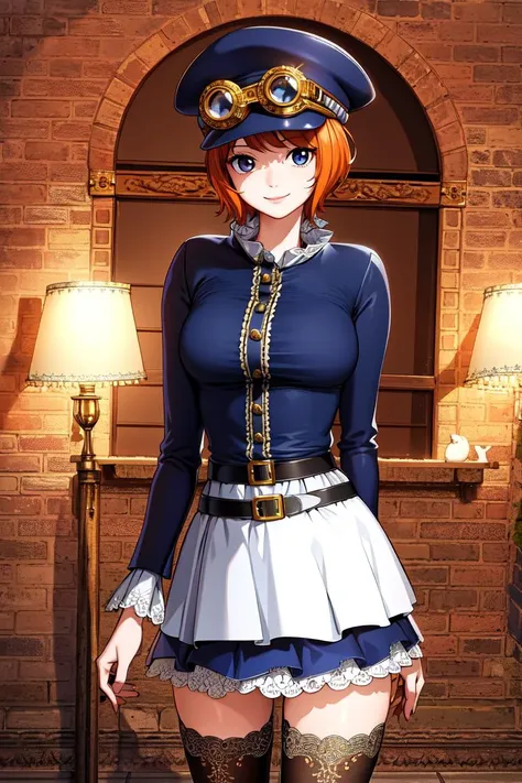 masterpiece, ((ultra detailed background, delicate pattern, intricate detail)), (highly detailed, fine details), best quality, beautiful lighting, (portrait), Koala, 1girl, solo, short hair, blue eyes, hat, goggles on headwear, smile, gloves, white shirt, orange hair, skirt, black thighhighs, zettai ryouiki, frills, belt, boots, ((slim girl, medium breasts)), complex detailed background, inside, room environment, gray castle walls, brick walls, old building interior, spaceful room, <lora:KoalaEight:0.7>