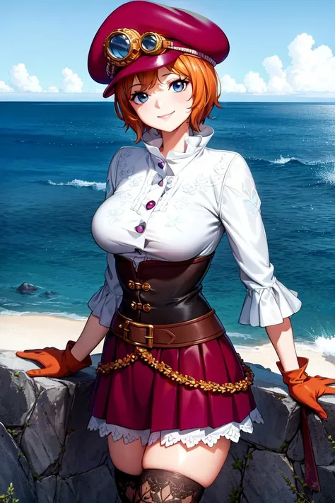 masterpiece, ((ultra detailed background, delicate pattern, intricate detail)), (highly detailed, fine details), best quality, beautiful lighting, (portrait), Koala, 1girl, solo, short hair, blue eyes, hat, goggles on headwear, smile, gloves, white shirt, orange hair, skirt, black thighhighs, zettai ryouiki, frills, belt, boots, ((slim girl, medium breasts)), complex detailed background, barren land, rocks, ocean, nature environment, <lora:KoalaEight:0.7>