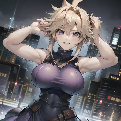 sam yang, femcloud, (masterpiece:1.3), hdr, extreme detail, dramatic lighting, moody background, muted colors, breasts, alluring pose, female cloud strife, cheery, happy, cute, adult, beautiful face, vibrant colorful background, (city background:1.2), (background out of focus:1.3), bokeh, solo, cute blue dress, 
<lora:femcloud:0.80>