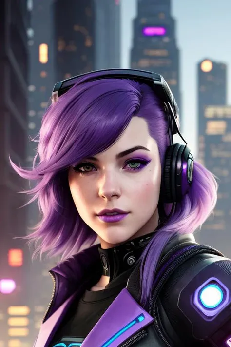 hotfantasyface, Portrait of {girl} with {purple} hair and with cute face, {Cyberpunk City Vibe}, perfect composition, hyperrealistic, super detailed, 8k, high quality, trending art, trending on artstation, sharp focus, studio photo, intricate details, highly detailed, by greg rutkowski