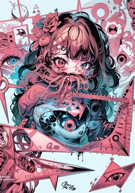 //
(the all seeing eye:1.5),(detailed and beautiful eyes:1.1),
//
(tentacles mouth,many eyes,eye split,blood, :1.2),upper body,
(rose graffiti:1.1),((black and red:0.6) but Limited palette:1.35),melancholy,
(paper fairy:1.1),full body,small breast, flowing in the air,(cool:1.2),green long hair,(dark matter:1.1),(colorful dress:1.1),
(red ink paper flower grow on the face:1.0),
(nagative space:0.6),(drawing board:0.8),(Higher dimensional space:1.1),
(Compass, triangular plate, ruler, mathematical formula, number:1.2)
(figure of geometry:1.3),(ether colorful ink flowing:1.1),