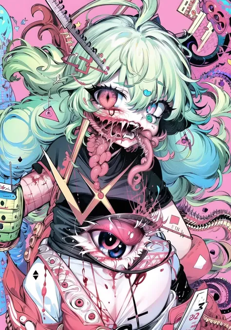 //
(the all seeing eye:1.5),(detailed and beautiful eyes:1.1),
//
(tentacles mouth,many eyes,eye split,blood, :1.2),upper body,
(rose graffiti:1.1),((black and red:0.6) but Limited palette:1.35),melancholy,
(paper fairy:1.1),full body,small breast, flowing in the air,(cool:1.2),green long hair,(dark matter:1.1),(colorful dress:1.1),
(red ink paper flower grow on the face:1.0),
(nagative space:0.6),(drawing board:0.8),(Higher dimensional space:1.1),
(Compass, triangular plate, ruler, mathematical formula, number:1.2)
(figure of geometry:1.3),(ether colorful ink flowing:1.1),
