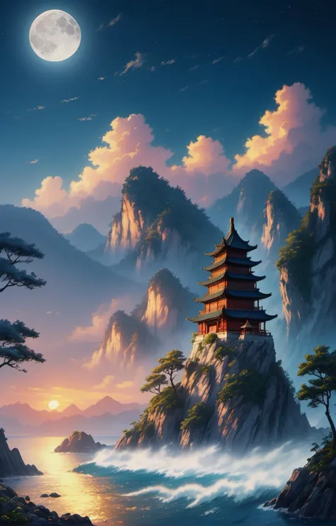 The bright moonlight shines through the clouds, the bottom left part of the picture is an ancient Chinese architecture, below the moon is (sea, detailed sea ripples, night scene, light particle effect, excellent work, extremely elaborate picture description,8k wallpaper, ink painting style, obvious light and shadow effects, ray tracing, obvious layers, depth of field, best quality, <lora:WDR_scenery1.0:0.8>