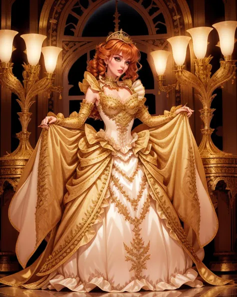 Fairy tale ((80's dark fantasy theme)), 3mpr3ss, corset, (ballgown), beautiful adult woman, age 30, (makeup, eyeliner, eyeshadow),bangs, front, ginger hair, best quality, high quality, high detail, standing, wide shoulderpads, gold trimmed cloak,<lora:EmpressCorset2-145:0.9>, gem, gold (full body), hourglass figure, (collar), (tall large tiara), peplum, pennier, interior, grand hall, bokeh, (rim lighting) <lora:Tweak_EpiNoiseoffset-v1:0.8> dark <lora:BustleFashion:0.80> bu5tl3, long dress,  . Magical, fantastical, enchanting, storybook style, highly detailed