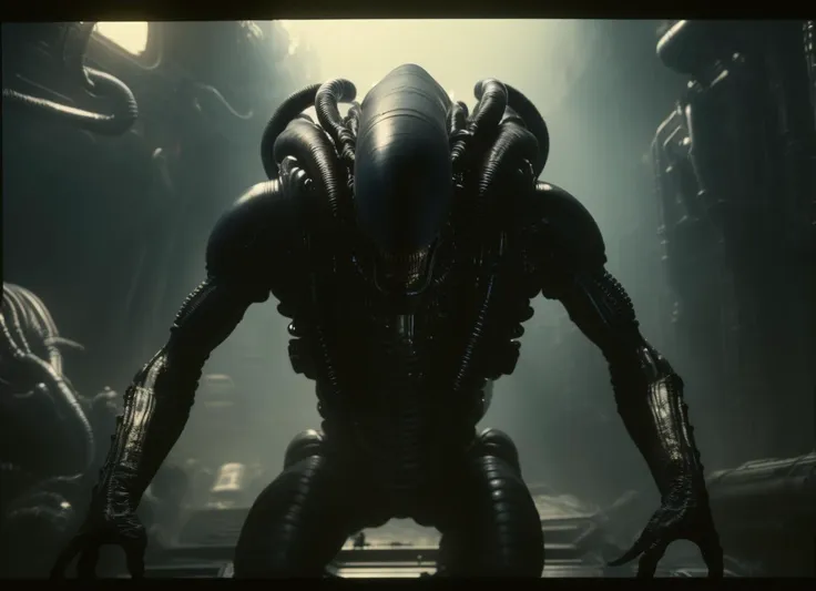 full-length, cinematic, wide angle, real polaroid photograph of friendly xenomorph H.R. Giger alien with no eyes but with a sense of humor, smoking a cigar with inner mouth, holding a pulse rifle, alongside human crew members, operating loader mech in cargo bay of space ship, in space,  in detailed grungy industrial sci-fi movie, colonial marines, Weyland Yutani spaceship, (((existential dread))), grainy, dramatic camera angle, (eye contact with viewer), detailed, intricate, DSLR, epic, ultrarealistic, 18mm, f 1.8, bokeh, ((backlit)), [shallow focus], squid textures, translucent, reflections, volumetric, Kodachrome, nsfw, nitrate film edge code, overscanned, BTS, 1987, atmospheric, LV426