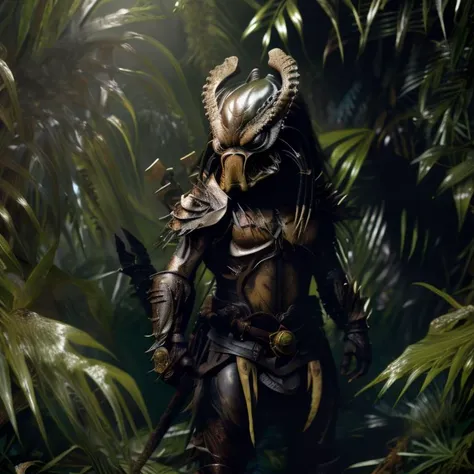 <lora:Prdr_V1_5-000120:1>rik, masked predator stands guard in the jungle, masterpiece, highly detailed, realistic