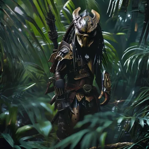 <lora:Prdr_V1_5-000120:1>rik, masked predator stands guard in the jungle