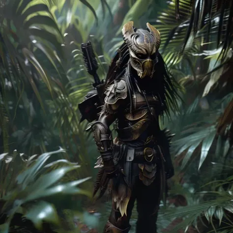 <lora:Prdr_V1_5-000120:1>rik, masked predator stands guard in the jungle