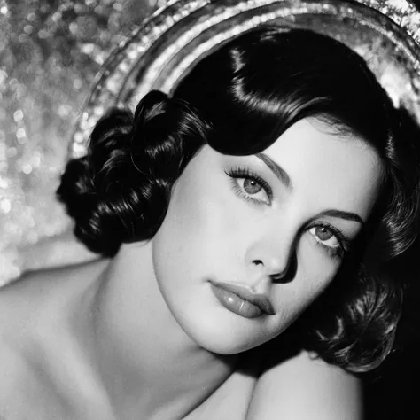 (Skin texture),High quality closeup black and white  portrait photograph of a 1930s film noir actress in the spotlight, glamour, old hollywood charm,  livxtylr,   <lora:livtyler_juggerX_xl_1_standard_wocap-livxtylr-000069:1>