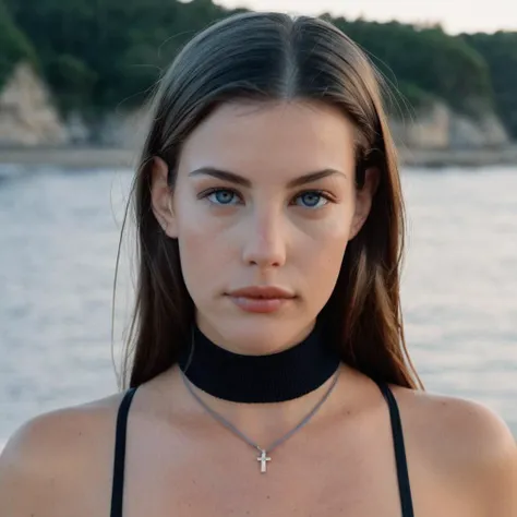 Skin texture, no makeup, Super high res closeup portrait photo of a stunning woman outdoors with straight hair, wearing a small string choker around her neck,f /2.8, Canon, 85mm,cinematic, high quality,looking at the viewer,  livxtylr,   <lora:livtyler_juggerX_xl_1_standard_wocap-livxtylr-000069:1>