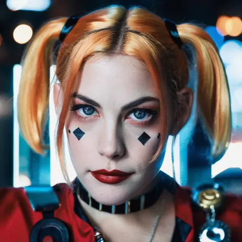 High res closeup portrait photo of an actress dressed as Harley Quinn, f /2.8, Canon, 85mm,cinematic, high quality, skin texture, looking at the camera,  livxtylr,   <lora:livtyler_juggerX_xl_1_standard_wocap-livxtylr-000069:1>