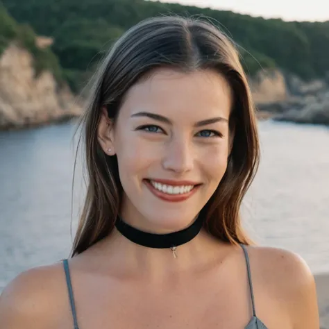 Skin texture, no makeup, Super high res closeup portrait photo of a stunning woman outdoors with straight hair smiling, wearing a small string choker around her neck,f /2.8, Canon, 85mm,cinematic, high quality,looking at the viewer,  livxtylr,   <lora:livtyler_juggerX_xl_1_standard_wocap-livxtylr-000069:1>