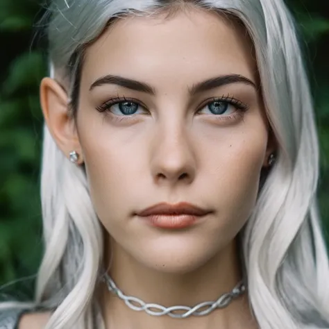 Skin texture, no makeup, Super high res closeup face portrait photo of a elf princess with pointy ears outdoors with wavy silver hair, wearing a small necklace around her neck,f /2.8, Canon, 85mm,cinematic, high quality,looking at the viewer,  livxtylr,   <lora:livtyler_juggerX_xl_1_standard_wocap-livxtylr-000069:1>, (full lips)