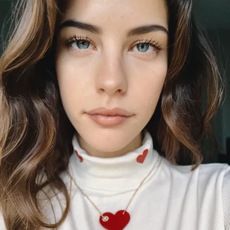 Looking straight at the camera, Film grain, skin texture, Instagram closeup selfie of a woman with beautiful wavy hair wearing a heart necklace,f/1.8,wearing a tutleneck shirt,  livxtylr,   <lora:livtyler_juggerX_xl_1_standard_wocap-livxtylr-000069:1>