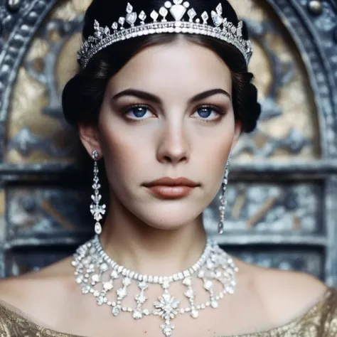 (Skin texture),High qualitycloseup face portrait photo, analog, film grain, actress dressed as a medieval queen with a delicate diamond tiara,regal,  livxtylr,   <lora:livtyler_juggerX_xl_1_standard_wocap-livxtylr-000069:1>