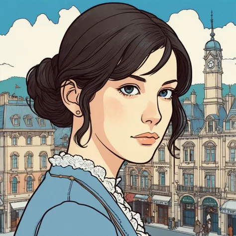 Studio ghibli style illustration of the face of a woman looking at the viewer with a victorian city square in the background,  livxtylr,   <lora:livtyler_juggerX_xl_1_standard_wocap-livxtylr-000069:1>