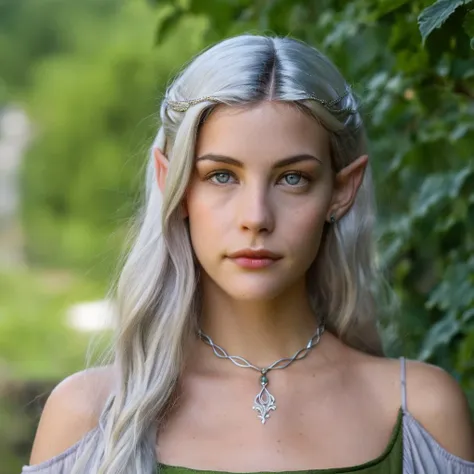 Skin texture, no makeup, Super high res closeup portrait photo of a elf princess with pointy ears outdoors with wavy silver hair, wearing a small necklace around her neck,f /2.8, Canon, 85mm,cinematic, high quality,looking at the viewer,  livxtylr,   <lora:livtyler_juggerX_xl_1_standard_wocap-livxtylr-000069:1>