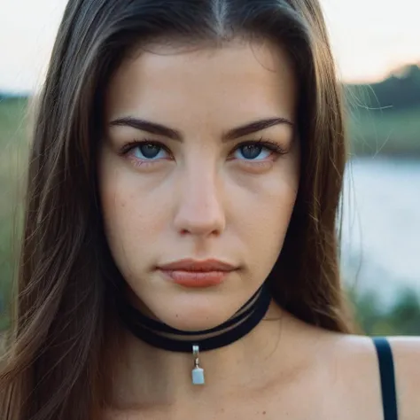 Skin texture, no makeup, Super high res closeup portrait photo of a stunning woman outdoors with straight hair, wearing a small string choker around her neck,f /2.8, Canon, 85mm,cinematic, high quality,looking at the viewer,  livxtylr,   <lora:livtyler_juggerX_xl_1_standard_wocap-livxtylr-000069:1>