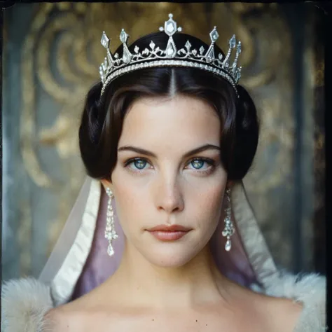 (Skin texture),High qualitycloseup face portrait photo, analog, film grain, actress dressed as a medieval queen with a delicate diamond tiara,regal,  livxtylr,   <lora:livtyler_juggerX_xl_1_standard_wocap-livxtylr-000069:1>