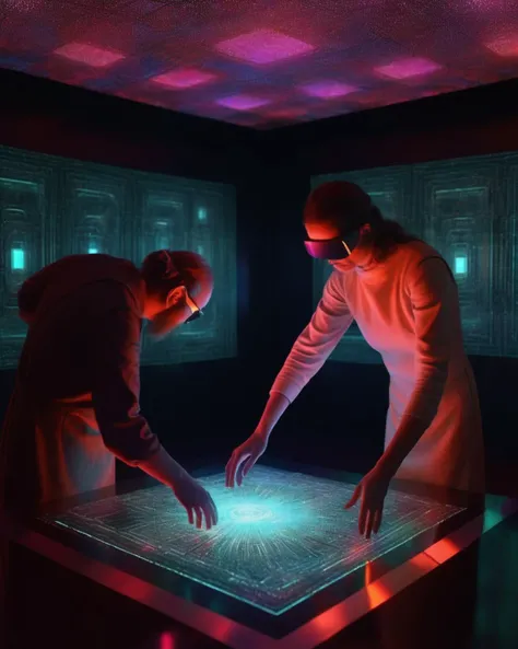 ( beyond_the_black_rainbow ) , Holographic archive, virtual libraries pulsate with encoded knowledge, patrons reaching out to touch holographic pages of encrypted lore.<lora:beyond_the_black_rainbow-sdxl:1.0>