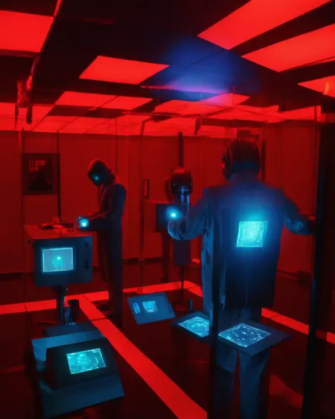( beyond_the_black_rainbow ) , Underground cybernetics lab, flickering fluorescent lights illuminating scientists working tirelessly on enhancing the human experience.<lora:beyond_the_black_rainbow-sdxl:1.0>