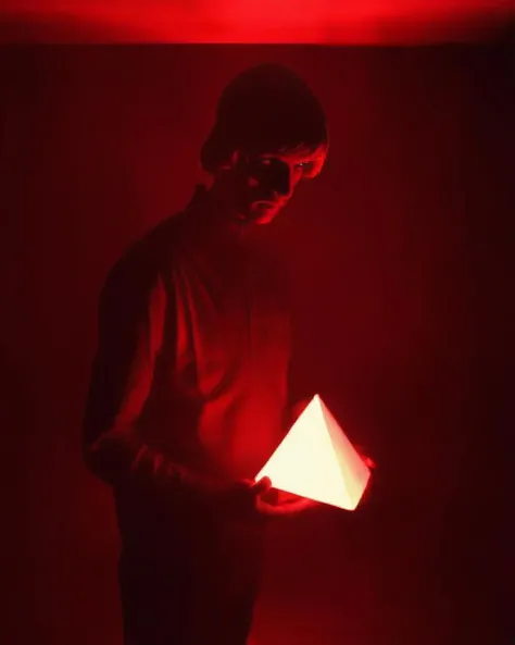 ( beyond_the_black_rainbow ) , a person standing in the dark holding a light pyramid in their hands with a red light shining on them, Bedwyr Williams ,1boy, glowing, gradient, male_focus, muscular, red_background, red_theme, solo<lora:beyond_the_black_rainbow-sdxl:1.0>