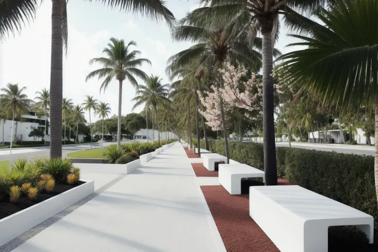 a 5-ways road highway made with black asphalt, tall trees and bush, (tall palm trees:1.4), (car driving on the road:1.2), Neat tropical tall trees on the side of the road, lawn, shrub combination, clear weather and sunshine, white clouds and blue sky, urban landscape boulevard, left water bank, (white two-story commercial building behind the tree:1.2), (sidewalk and bicycle path), street park on the side of the road with benches, green belt in the middle of the road,white modern minimalist street lamp, roadside running track, urban furniture, The distant lake, sparkling waves, colored flowering shrub,