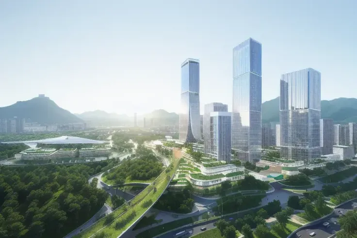 A breathtakingly realistic digital rendering of a city design aerial view, designed by architectural firms such as SOM and OMA, The scene features neatly arranged high-rise buildings in a modern style, with mountains and sea in the distance providing a stunning natural backdrop, The commercial office buildings and commercial complexes are designed to be functional yet stylish, creating a dynamic urban environment, (The lighting is expertly rendered to create a realistic glow), (with a modern cityscape design that features rooftop greenery and neatly arranged street trees), The image is rendered in high definition quality using 3D rendering software, making it a stunning piece of modern urban design,(35mm photography), <lora:fullurbandesign:0.2> <lora:urbanaerial15:0.2>