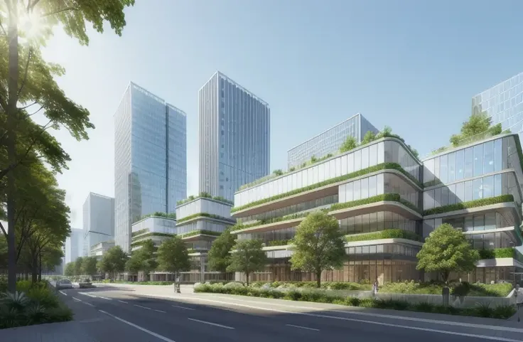A stunningly realistic digital rendering of a modern urban commercial complex designed by renowned architectural firms such as SOM and OMA. The complex features pedestrian streets and exquisite shops, with modern architectural facades creating a sleek and sophisticated environment. The use of three-dimensional corridors and glass curtain wall towers adds to the overall futuristic feel of the scene, while realistic lighting and three-dimensional greenery create a sense of depth and vibrancy. The street planting is exquisitely detailed, adding a touch of natural beauty to the urban space. Rendered in high definition quality using 3D rendering software, the image is a breathtaking piece of urban design, <lora:modernarchi15:0.2> <lora:urbanscene15:0.3>